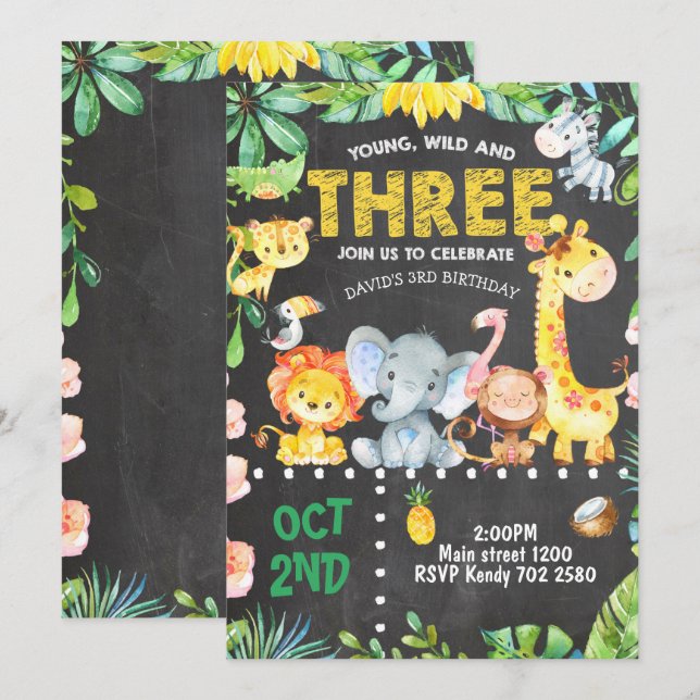 3.ª invitación de cumpleaños Safari Animales Jungl (Anverso / Reverso)