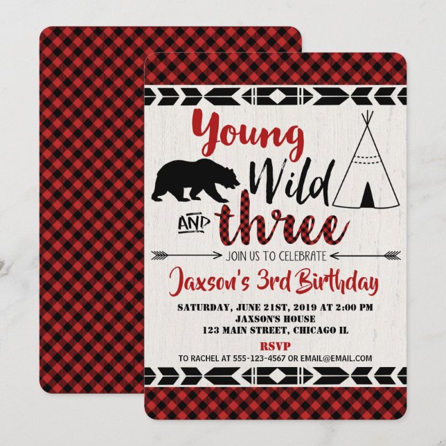 3.ª invitación de tercer cumpleaños niño salvaje t (Anverso / Reverso)
