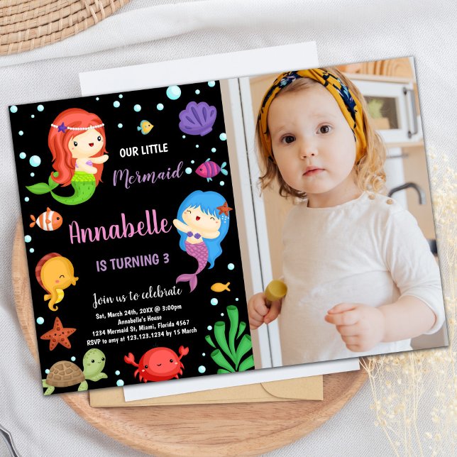 3.ª sirena negra invitaciones de cumpleaños con fo (3rd Black Mermaids Birthday Invitations With photo)