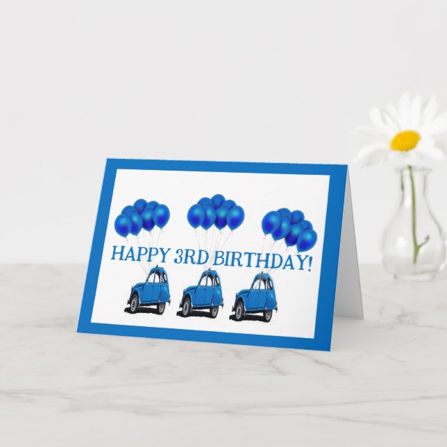 3.ª tarjeta de cumpleaños - Auto azul y globos (Planta pequeña)
