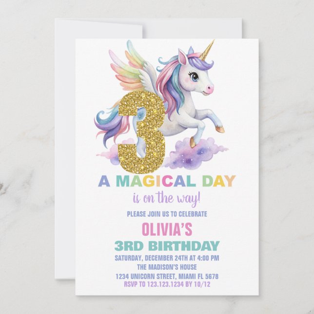 3.ª unicornio arcoiris invitaciones a los cumpleañ (Anverso)