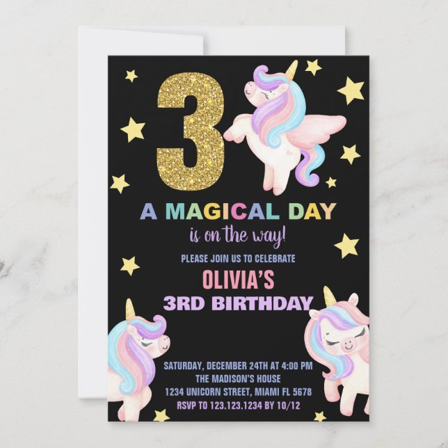 3.ª unicornio arcoiris invitaciones a los cumpleañ (Anverso)