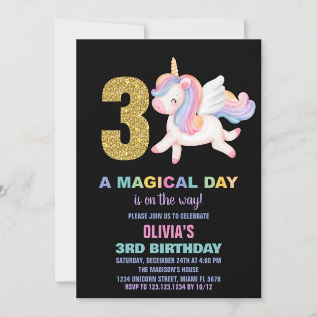3.ª unicornio arcoiris invitaciones de cumpleaños  (Anverso)
