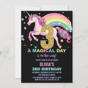 3.ª unicornio invitaciones de cumpleaños negro