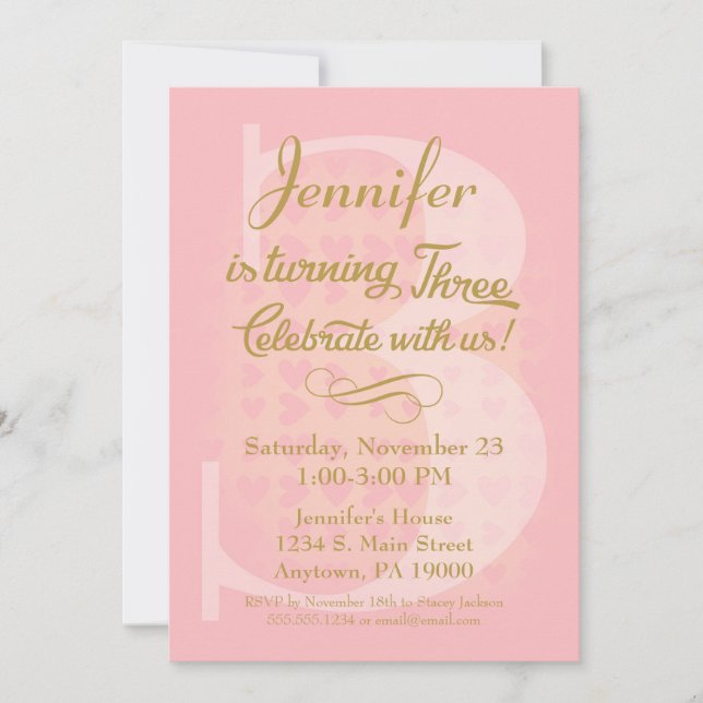 3.ᵉʳ cumpleaños Chicas de invitación Corazones de  (Anverso)