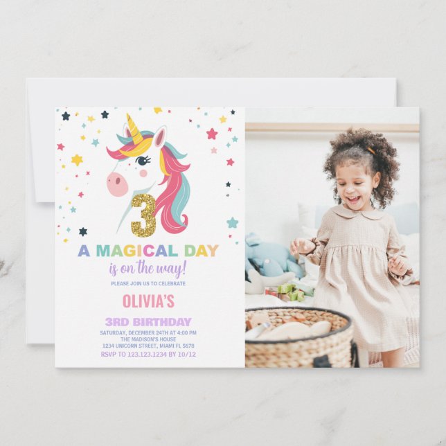 3.ᵉʳ cumpleaños de Unicornio Invitaciones a cumple (Anverso)