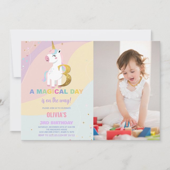 3.ᵉʳ cumpleaños de Unicornio Invitaciones a cumple (Anverso)