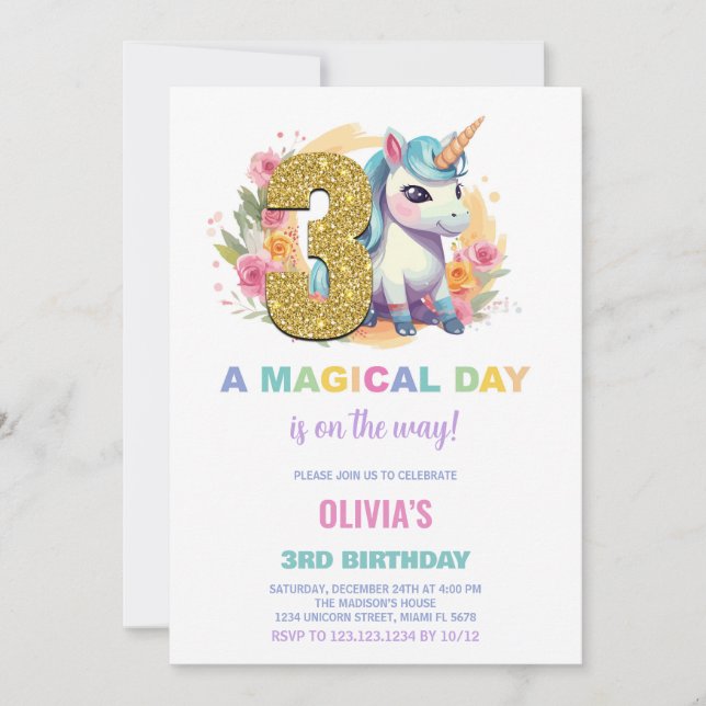 3.ᵉʳ Cumpleaños de Unicornio Invitaciones de cumpl (Anverso)