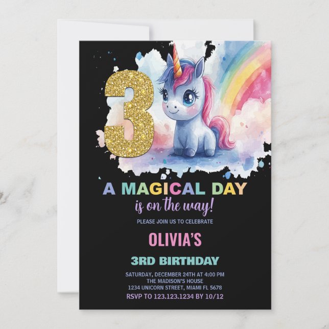 3.ᵉʳ Cumpleaños de Unicornio Invitaciones de cumpl (Anverso)
