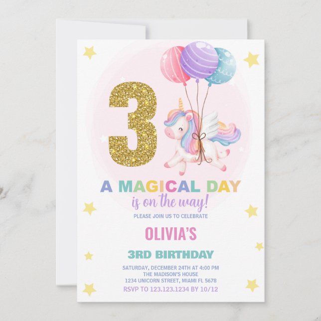 3.ᵉʳ Cumpleaños de Unicornio Invitaciones de cumpl (Anverso)