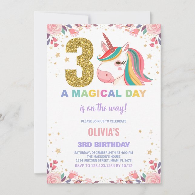 3.ᵉʳ Cumpleaños de Unicornio Invitaciones de cumpl (Anverso)