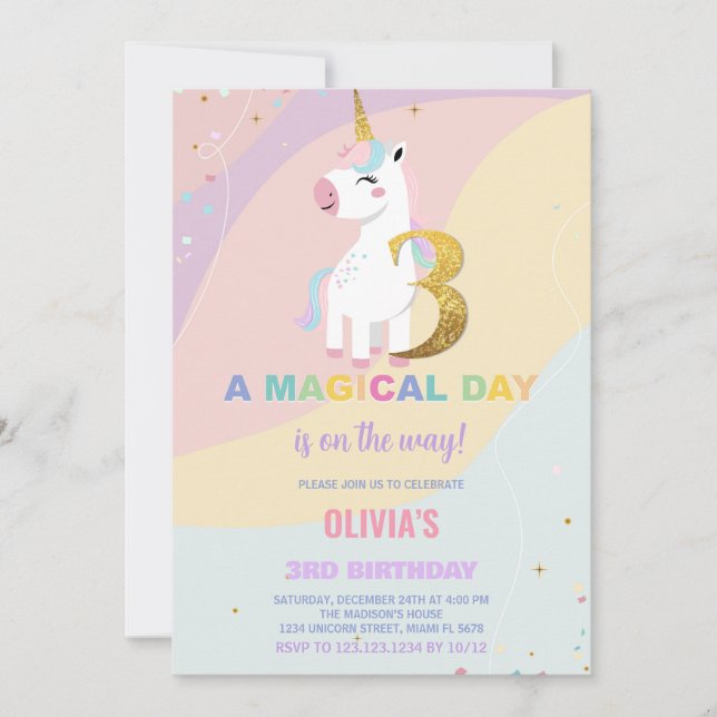 3.ᵉʳ Cumpleaños de Unicornio Invitaciones de cumpl (Anverso)