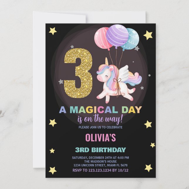 3.ᵉʳ Cumpleaños de Unicornio Invitaciones de cumpl (Anverso)