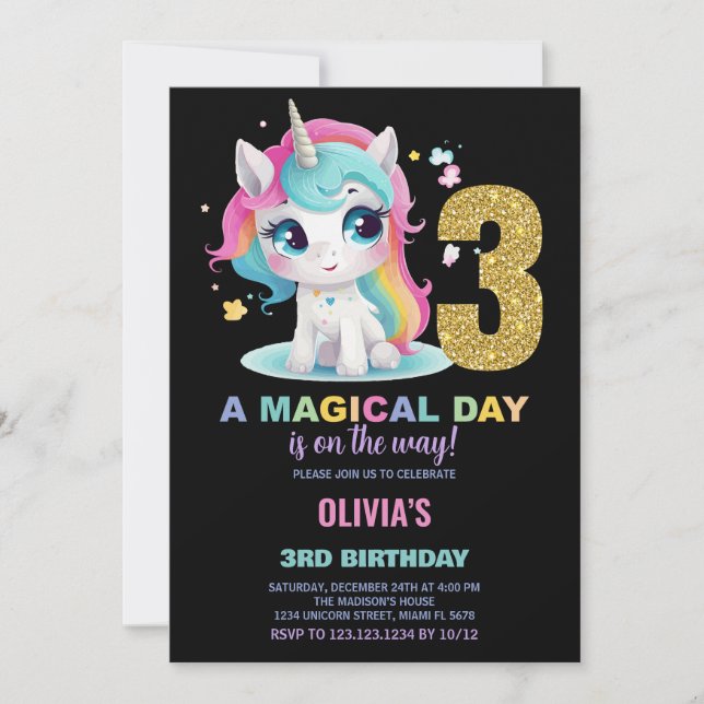 3.ᵉʳ Cumpleaños de Unicornio Invitaciones de cumpl (Anverso)