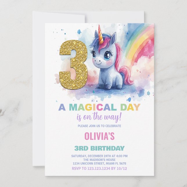 3.ᵉʳ Cumpleaños de Unicornio Invitaciones de cumpl (Anverso)