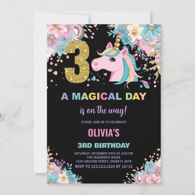 3.ᵉʳ Cumpleaños de Unicornio Invitaciones de cumpl (Anverso)