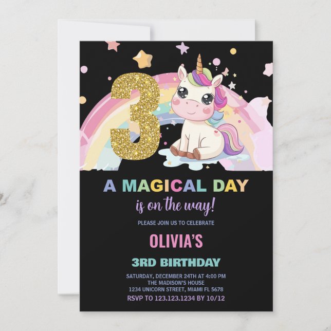 3.ᵉʳ Cumpleaños de Unicornio Invitaciones de cumpl (Anverso)