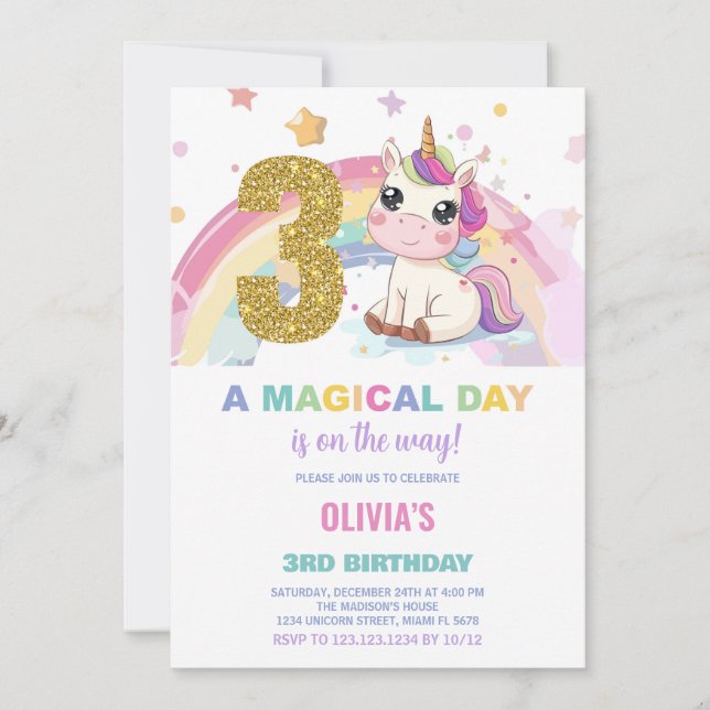 3.ᵉʳ Cumpleaños de Unicornio Invitaciones de cumpl (Anverso)