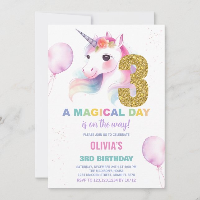 3.ᵉʳ Cumpleaños de Unicornio Invitaciones de cumpl (Anverso)