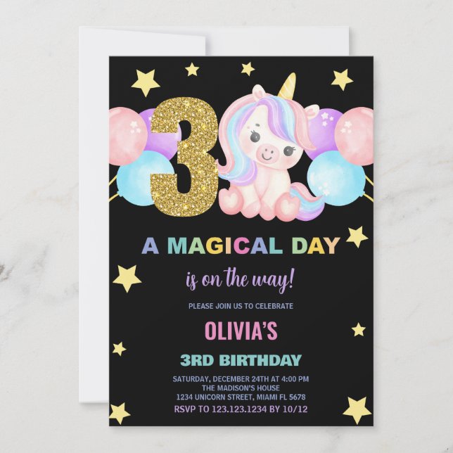 3.ᵉʳ Cumpleaños de Unicornio Invitaciones de cumpl (Anverso)