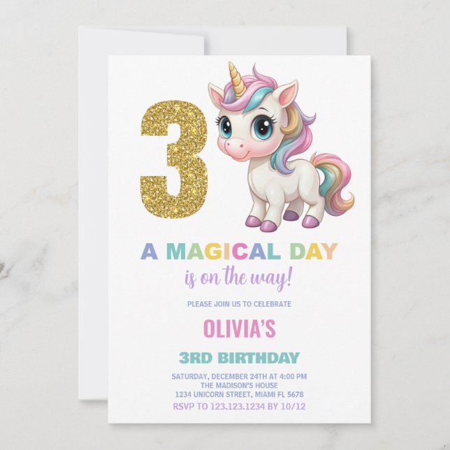 3.ᵉʳ Cumpleaños de Unicornio Invitaciones de cumpl (Anverso)