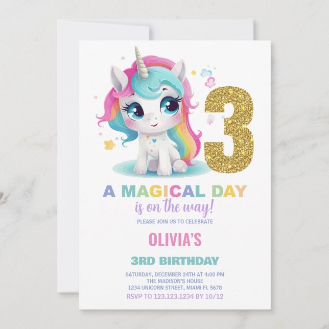 3.ᵉʳ Cumpleaños de Unicornio Invitaciones de cumpl (Anverso)