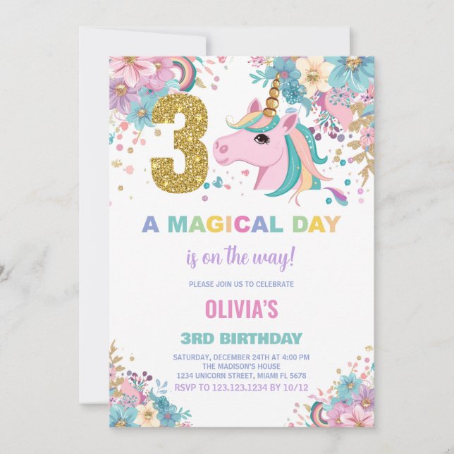 3.ᵉʳ Cumpleaños de Unicornio Invitaciones de cumpl (Anverso)