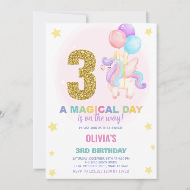 3.ᵉʳ Cumpleaños de Unicornio Invitaciones de cumpl (Anverso)