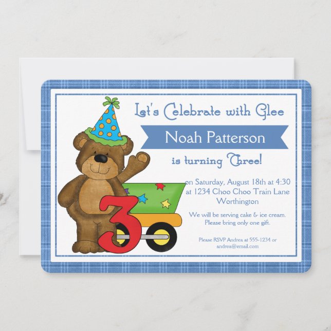 3.ᵉʳ cumpleaños Invitaciones Teddy Bear Train (Anverso)