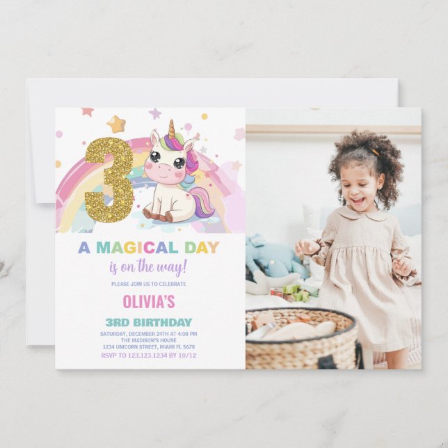 3.ᵉʳ cumpleaños Unicornio foto de invitaciones de  (Anverso)