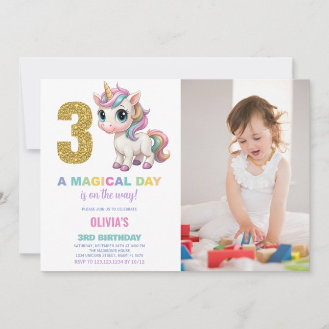 3.ᵉʳ cumpleaños Unicornio foto de invitaciones de  (Anverso)