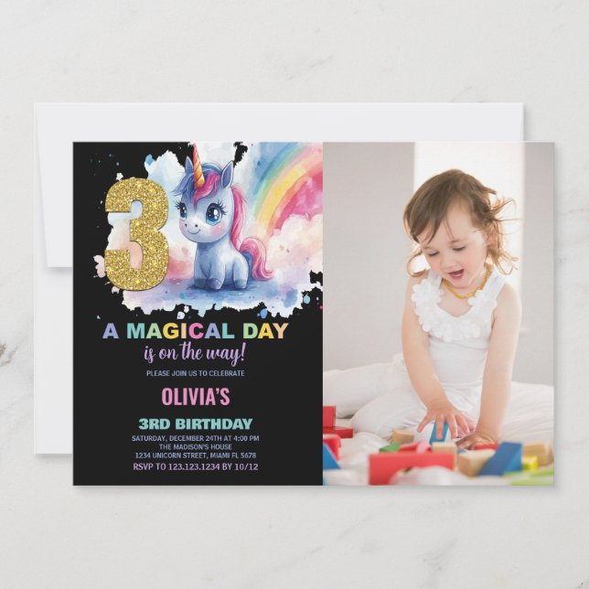 3.ᵉʳ cumpleaños Unicornio foto de invitaciones de  (Anverso)