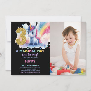 3.ᵉʳ cumpleaños Unicornio foto de invitaciones de 