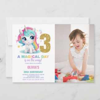 3.ᵉʳ cumpleaños Unicornio foto de invitaciones de