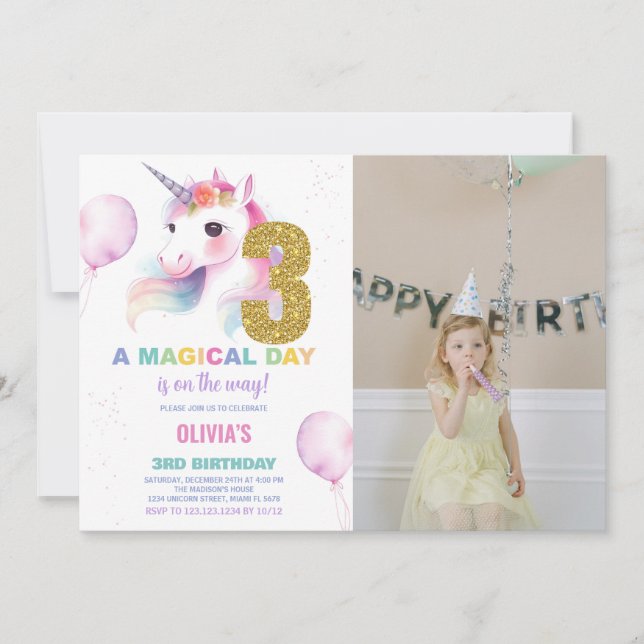 3.ᵉʳ cumpleaños Unicornio foto de invitaciones de  (Anverso)