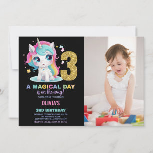 3.ᵉʳ cumpleaños Unicornio foto de invitaciones de 
