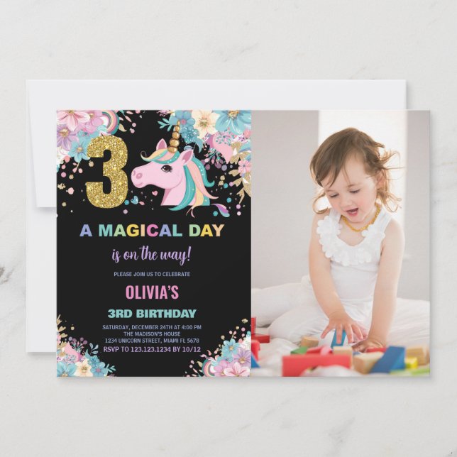 3.ᵉʳ cumpleaños Unicornio foto de invitaciones de  (Anverso)