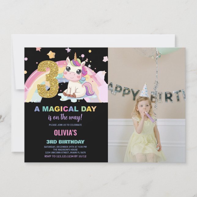 3.ᵉʳ cumpleaños Unicornio foto de invitaciones de  (Anverso)