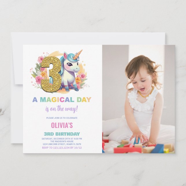 3.ᵉʳ cumpleaños Unicornio foto de invitaciones de  (Anverso)