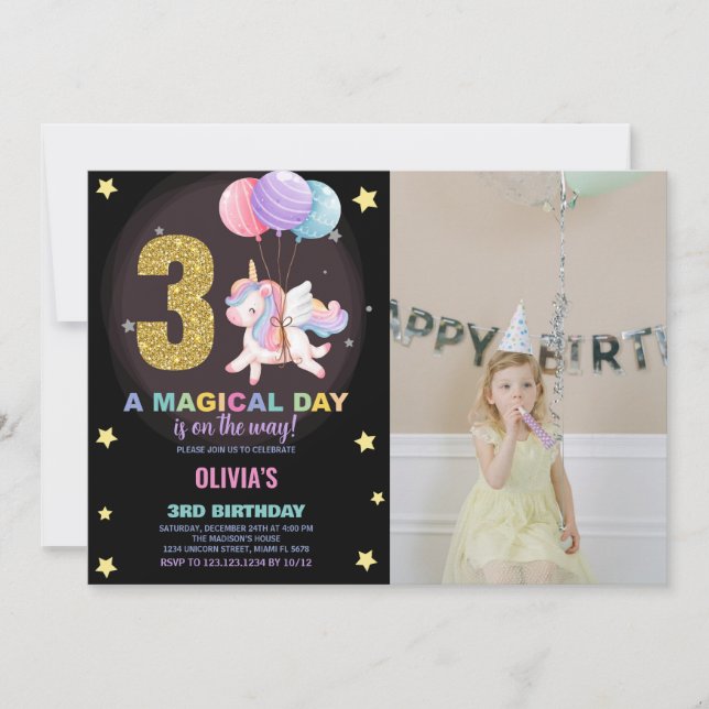 3.ᵉʳ cumpleaños Unicornio foto de invitaciones de  (Anverso)