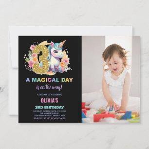 3.ᵉʳ cumpleaños Unicornio foto de invitaciones de 