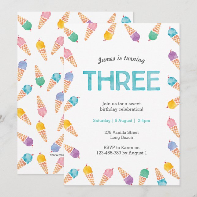 3.ᵉʳ Fiesta de cumpleaños | Invitación a helados d (Anverso / Reverso)