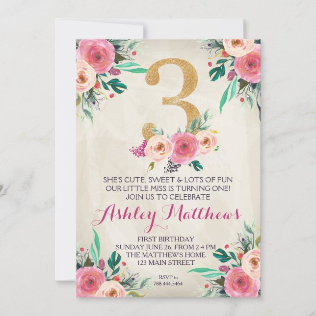 3.ᵉʳ Tercer cumpleaños Hermosa Invitación Floral, (Anverso)