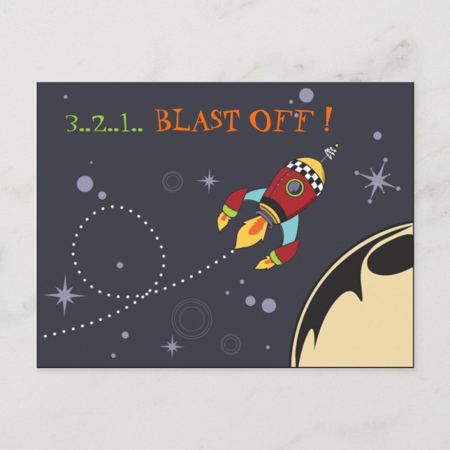 3,2,1 Blast Off, cohete retro Postal (Anverso)