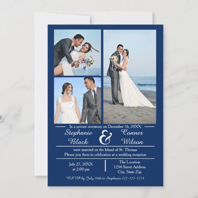 3/4 Fotos Azul vertical - Invitación Boda (Anverso)