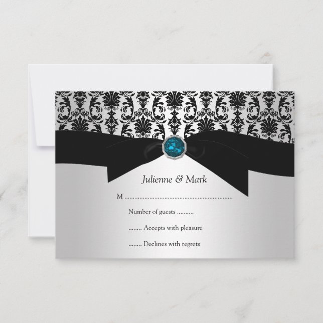 3.5x5 Black Silver Damask Turquoise Jewar RSVP (Anverso)