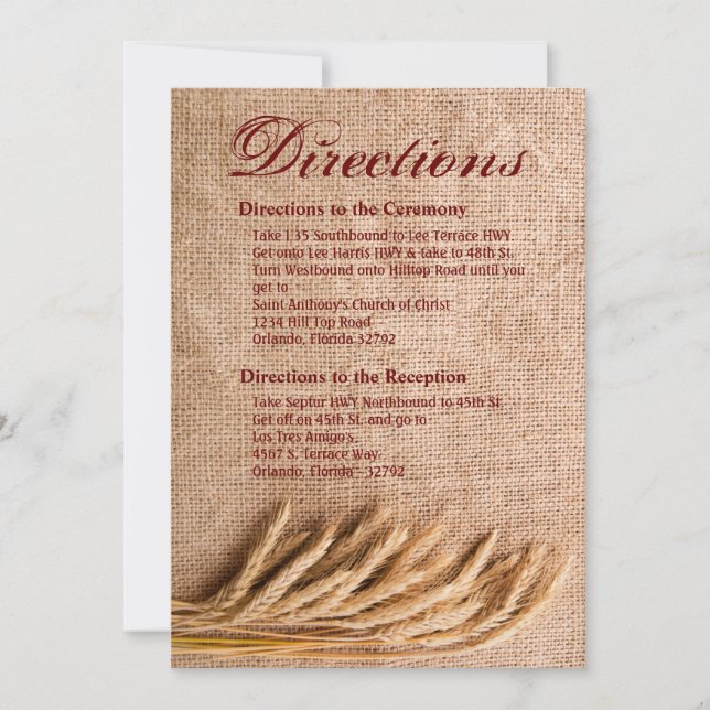 3.5x5 Direcciones Tarjeta de Trigo en Burlap Sack  (Anverso)