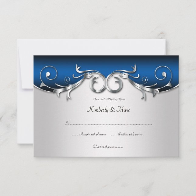 3.5x5 Elegante RSVP azul y plateado (Anverso)