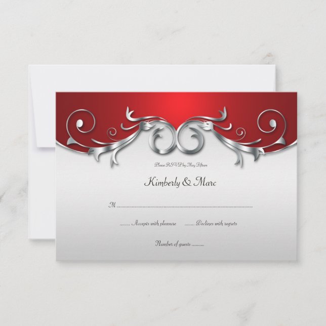 3.5x5 Elegante RSVP rojo y plateado (Anverso)