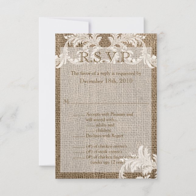 3.5x5 R.S.V.P Tarjeta Burlap Lace Country Western (Anverso)